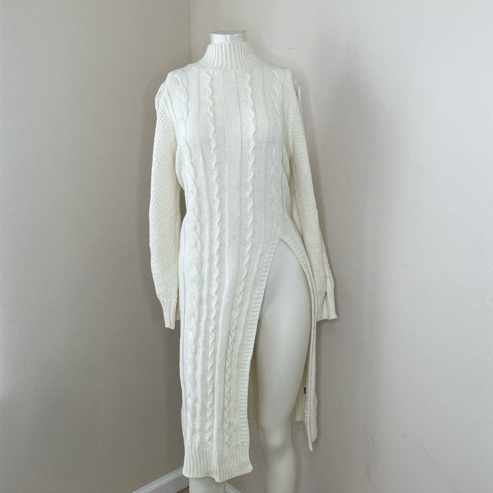 Unbranded Preppy Womens Cream Cable Knit Side Slit Sweater Dress size L